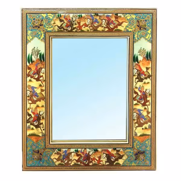آینه خاتم نقاشی با مینیاتور  طرح چوگان سایز 13 در 18