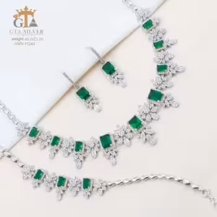 سرویس نقره شرشره ای نگین رنگی سبز زمردی چهار گوش کد 11243