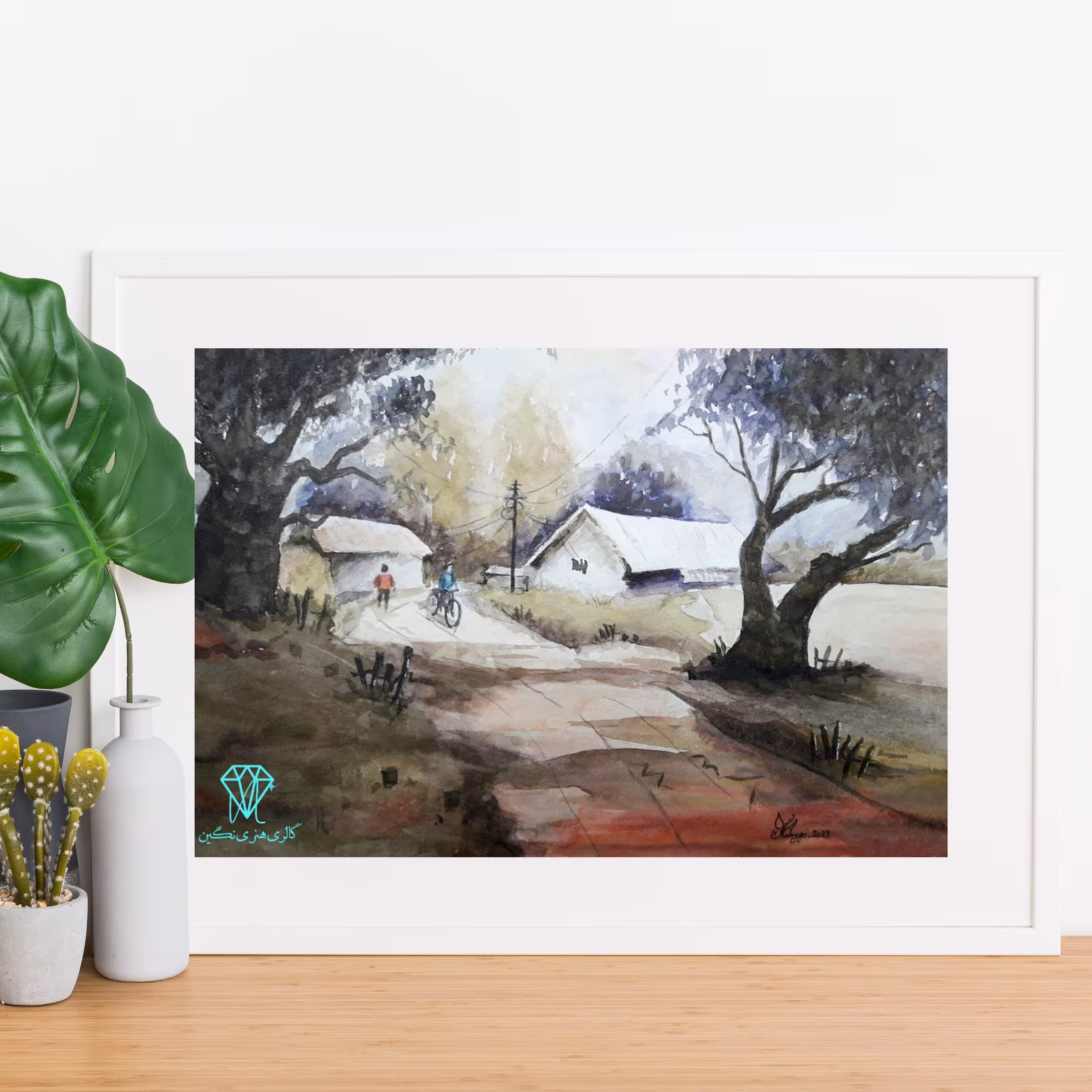 تابلو نقاشی آبرنگ طرح دهکده (دارای قاب و پاسپارتو) با ابعاد 30 در 40