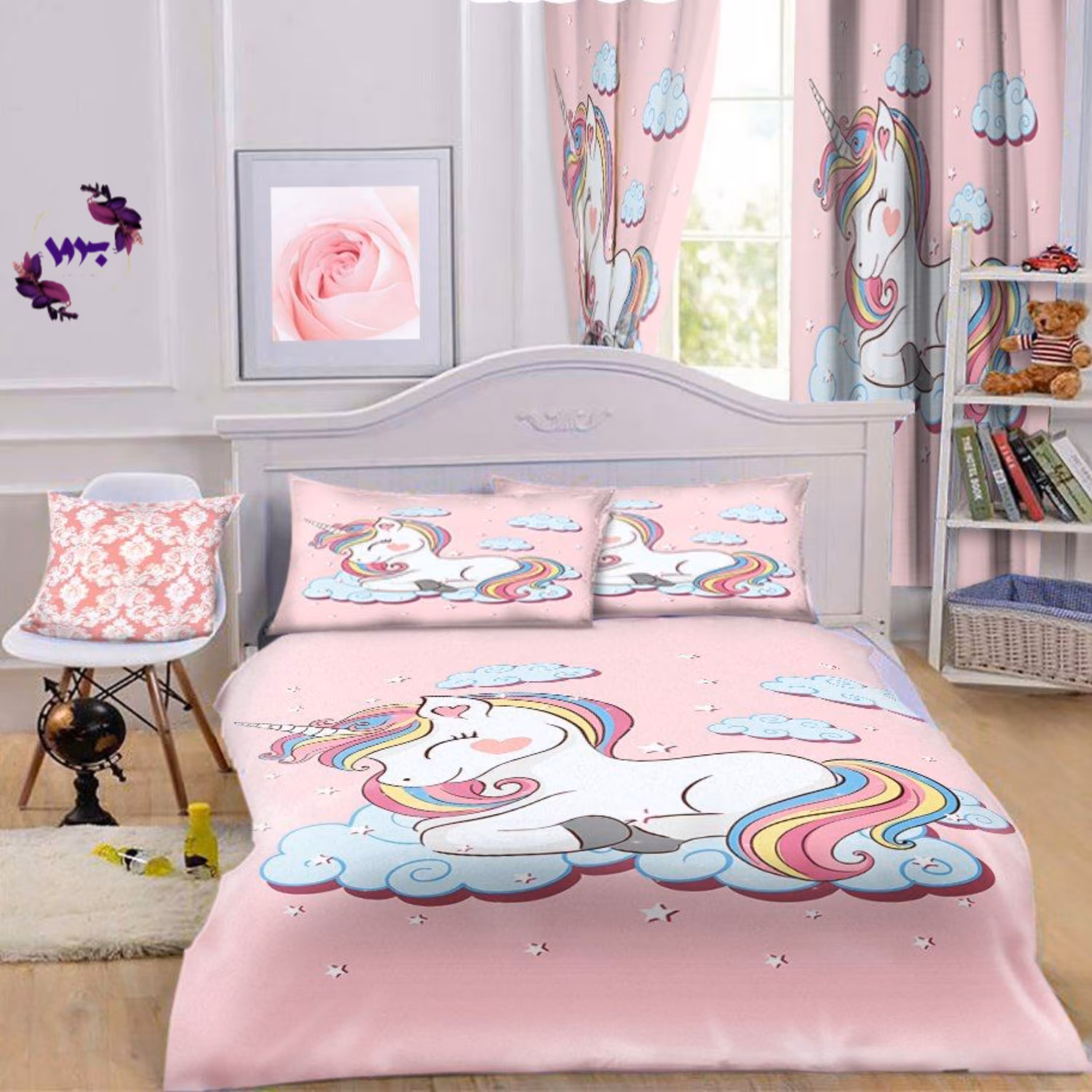 روتختی و یک عدد پنل پرده کودک طرح اسب تک شاخ بروا گالری با کیفیت و بسیار عالی