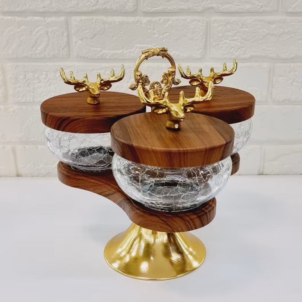 کندی سه تایی شیشه ترک پایه دار  دسته طلایی شیپوری کد147