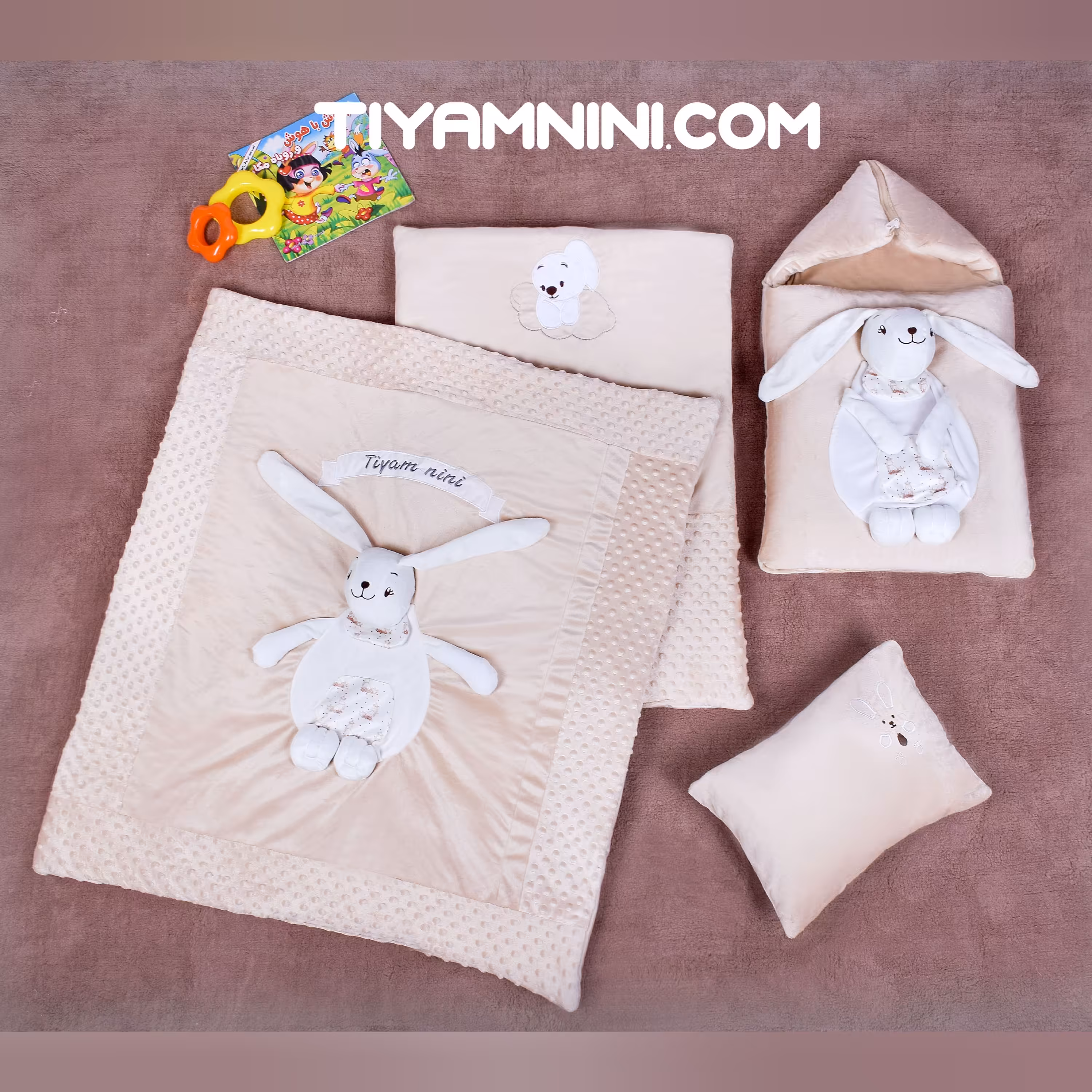 سیسمونی سرویس خواب عروسکی نوزاد طرح خرگوش گوش دراز دوبل مخمل استرچ و حبابی کد 308