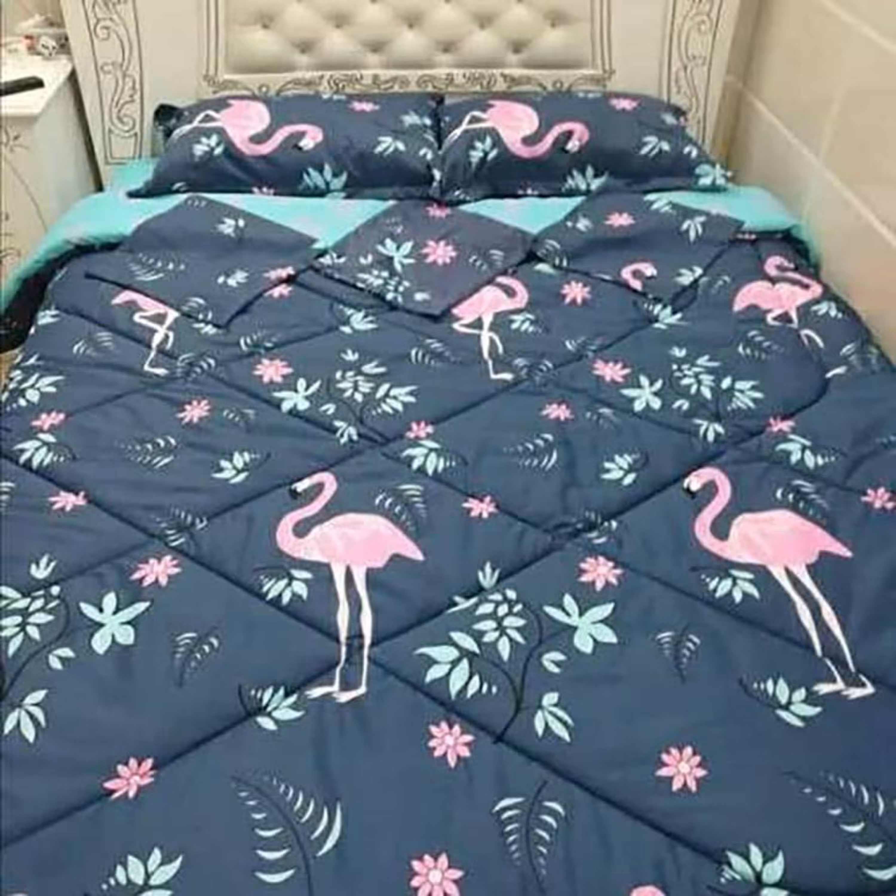 روتختی دونفره کتان شش تکه طرح فلامینگو