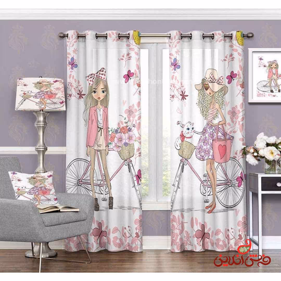 پرده 2عددی کودک طرح دو دختر و دوچرخه کد 3113