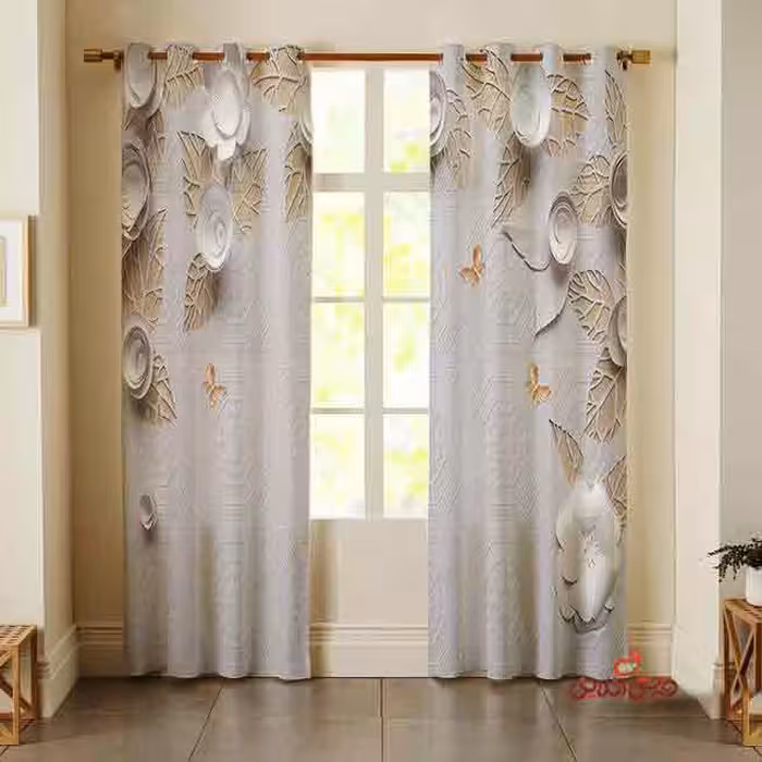 پرده 2عددی طرح گل پروانه کد 2392