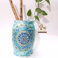  ظرف سفالی، هی دری یا کشک کوب استهباناتی سفالی لعاب دار با طرح سنتی نقطه کوبی