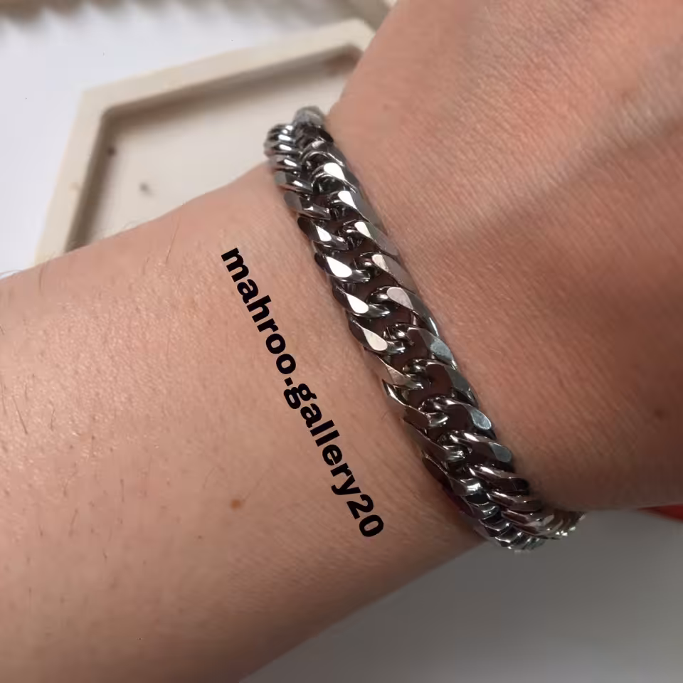 دستبند کارتیر دوبل تمام استیل نقره ای رنگ ثابت با طلا مو نمیزنه