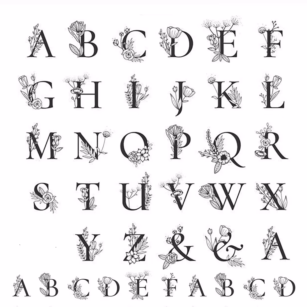 ترنسفر برچسبی شفاف a4 طرح حروف گلدار کد 15 سایز 2.5و1.5 سانتی متری مناسب کارهای رزینی