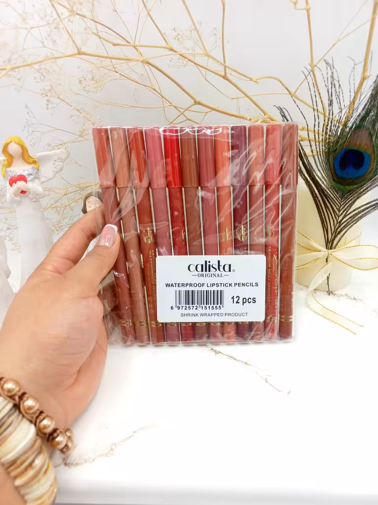 رژ مدادی بدون تراش دو خط طلایی بسته 12 عددی کالیستا (با کیفیت)