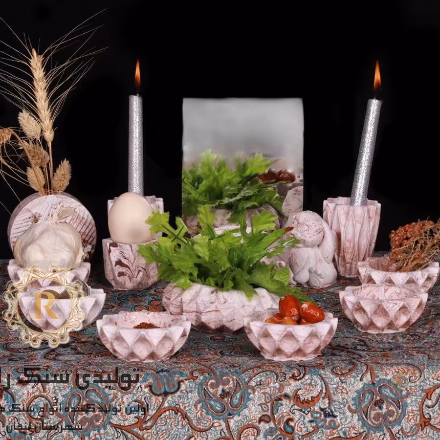 پک کامل سفره هفت سین مدل اشکی شامل ست 9 تکه ظرف هفت سین پایه آینه و پایه تخم