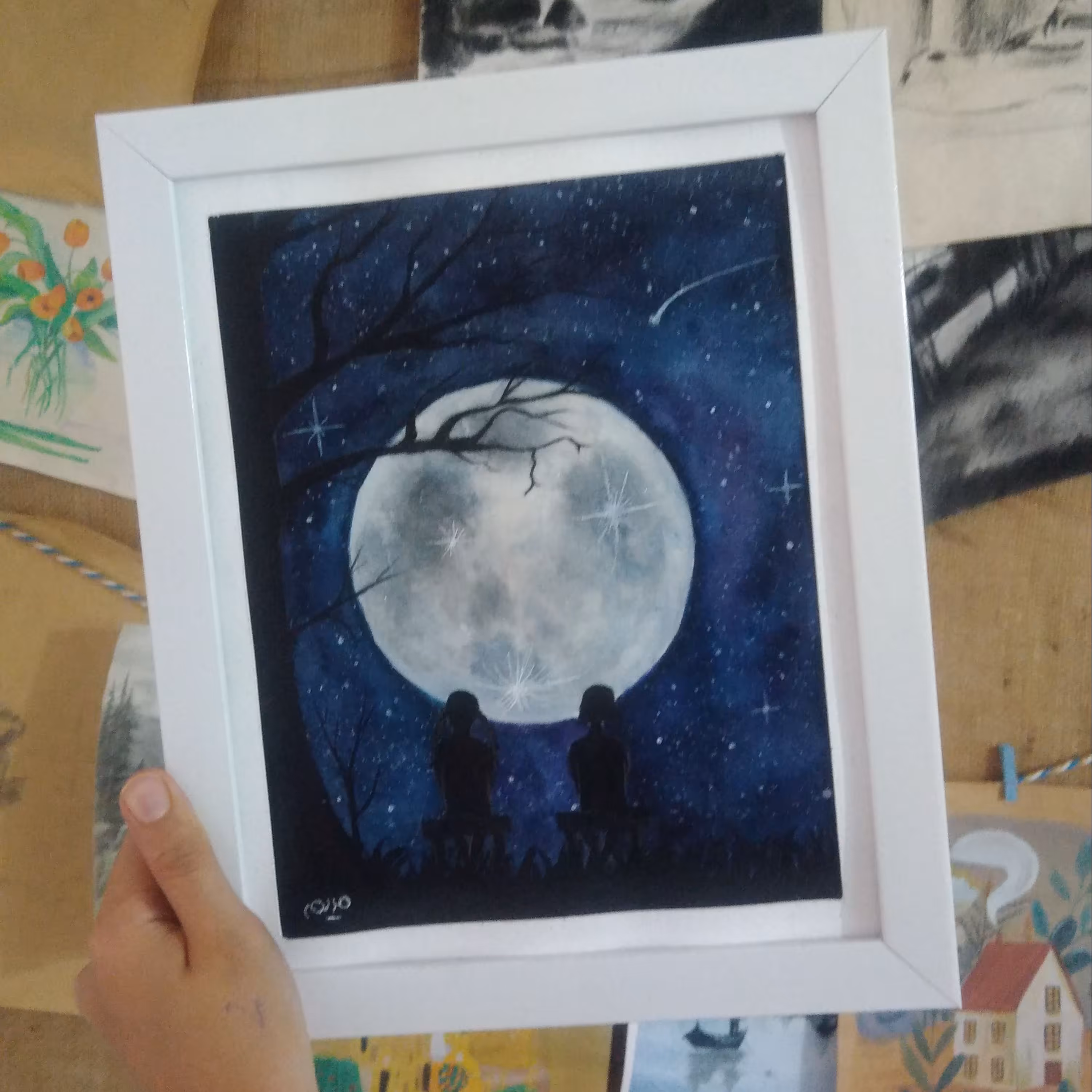 نقاشی آبرنگ طرح دوستی شب تاب