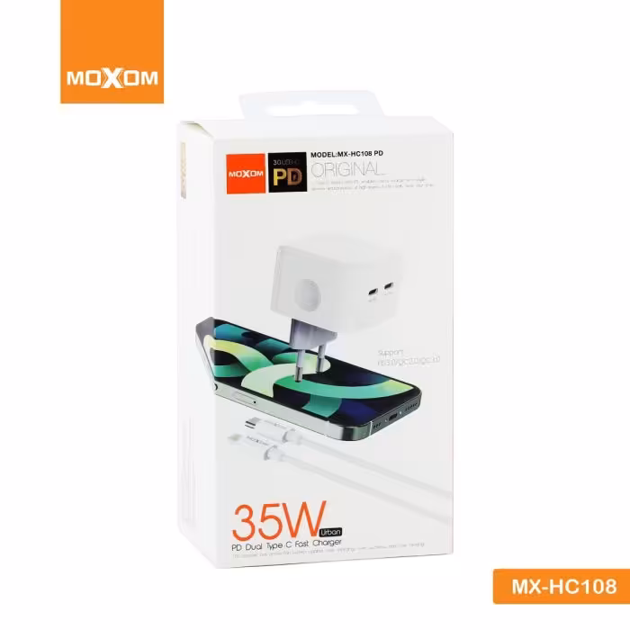 آداپتور شارژر موکسوم مدل MOXOM MX-HC108 PD 35W همراه کابل لایتینگ(آیفون) - امین 24 امانت دار اعتماد شما