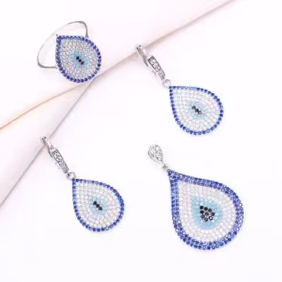 نیم ست نقره اشکی درشت و زنانه مدل چشم و نظر کد 16005