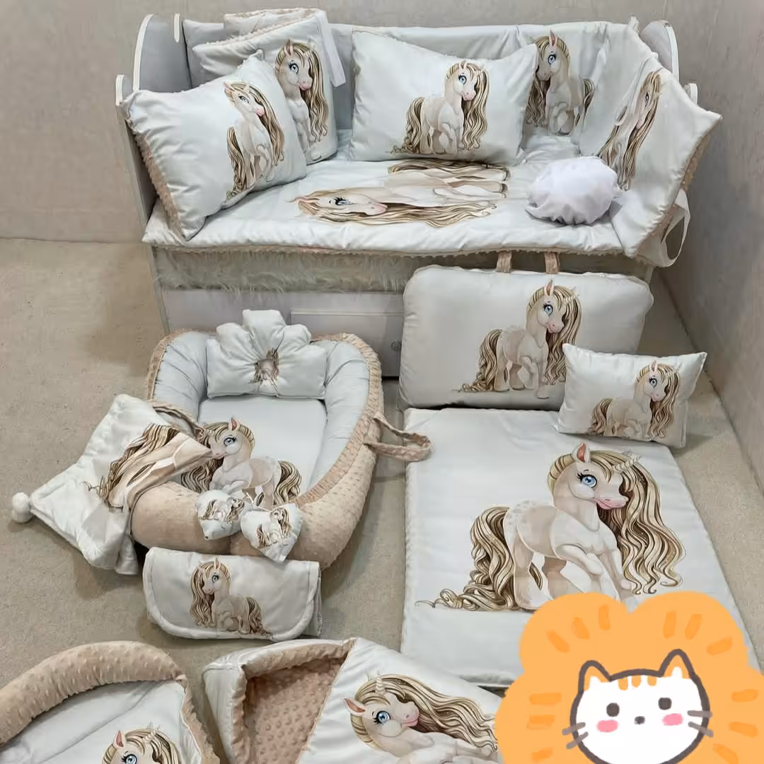 ست روتختی نوزاد و سه گارد تخت و ست مسافرتی و ست تشک گارددار و پتو و بالشت و قنداق فرنگی و آغوشی نوزاد و تشکچه هیوادگالری