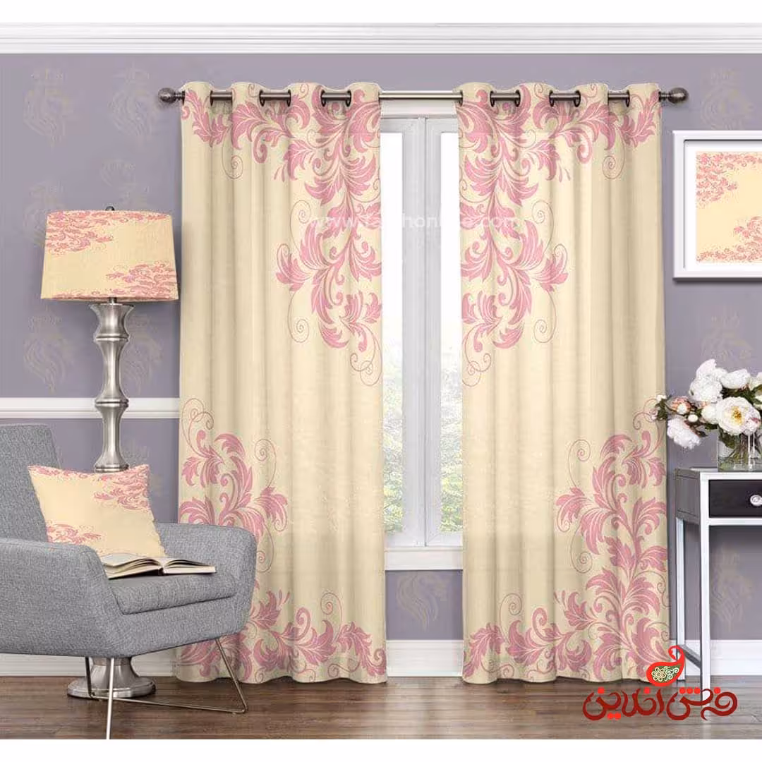 پرده طرح اسلیمی سفید صورتی کد 3568