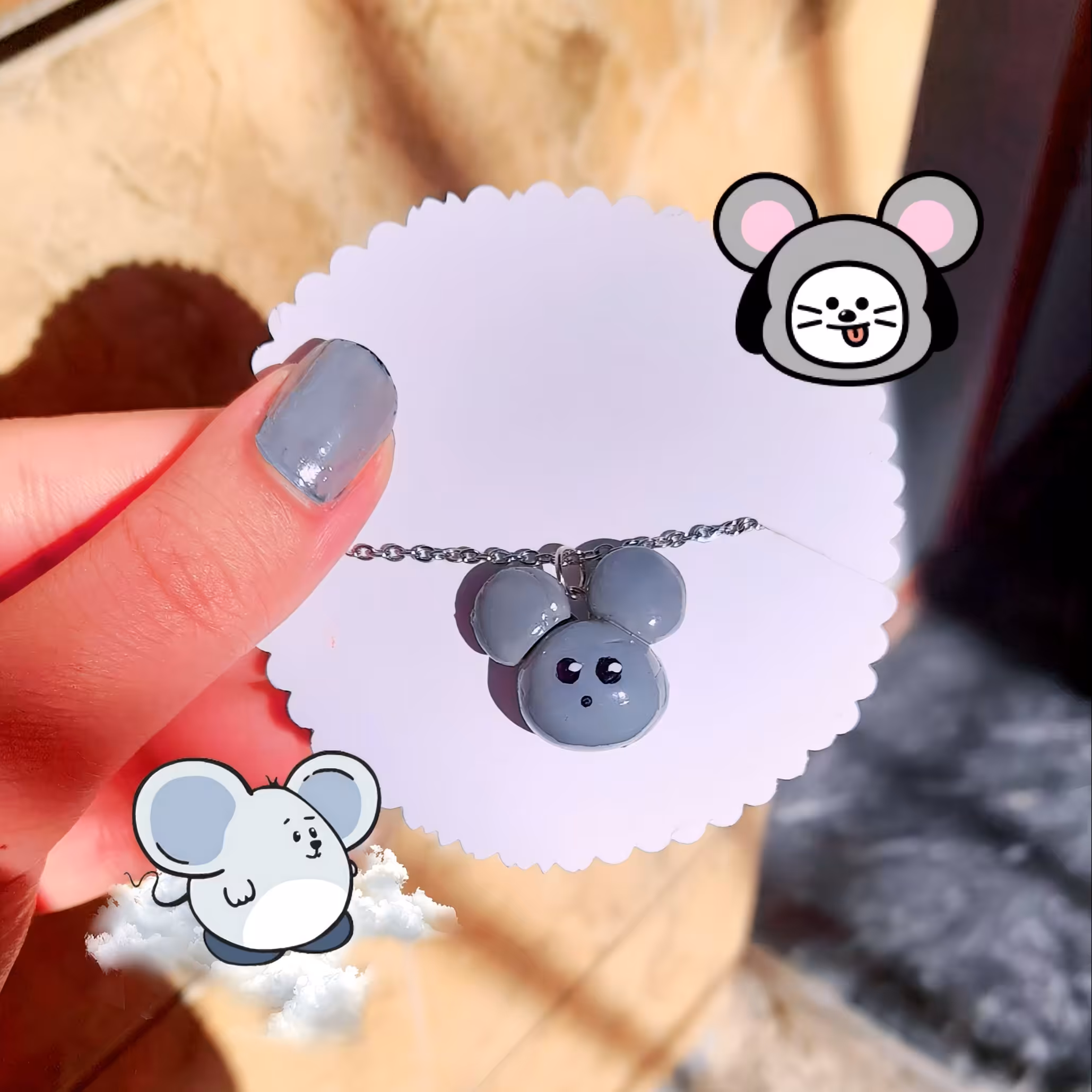 گردنبند موش کیوت ضد آب و رنگ ثابت و زنجیر استیل رنگ ثابت