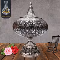 قلم زنی شکلات خوری  کعب دار قلم گل و مرغ  اعلاء سیاه قلم طرح نقره شماره 1