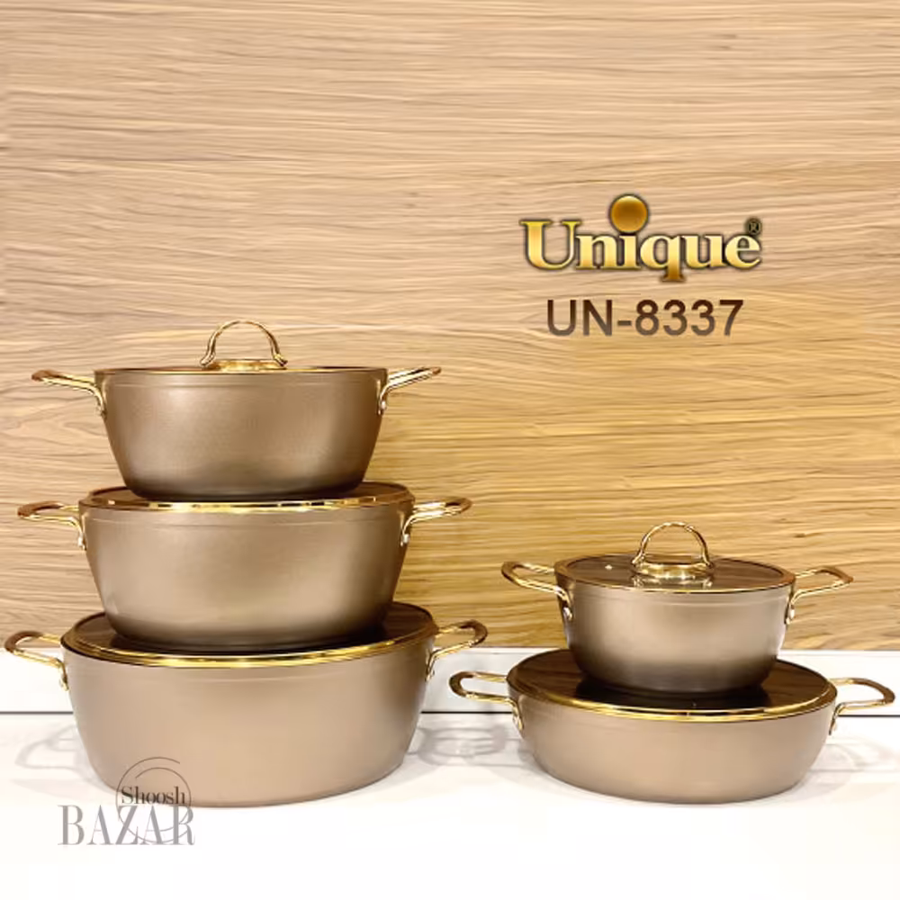 سرویس قابلمه 10پارچه بدنه طلایی درب فلت طلایی یونیک کد 8337