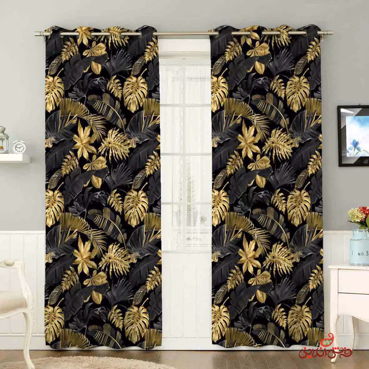 پرده 2عددی طرح برگ های طلایی پس زمینه مشکی کد 2589