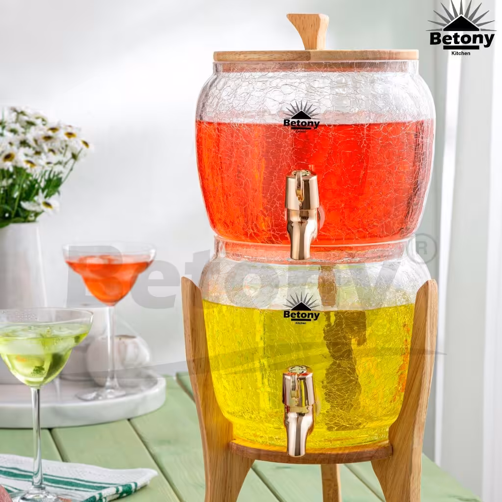 کلمن پذیرایی دوطبقه شیشه آبگز پایه چوب(یک تکه ضد آب)