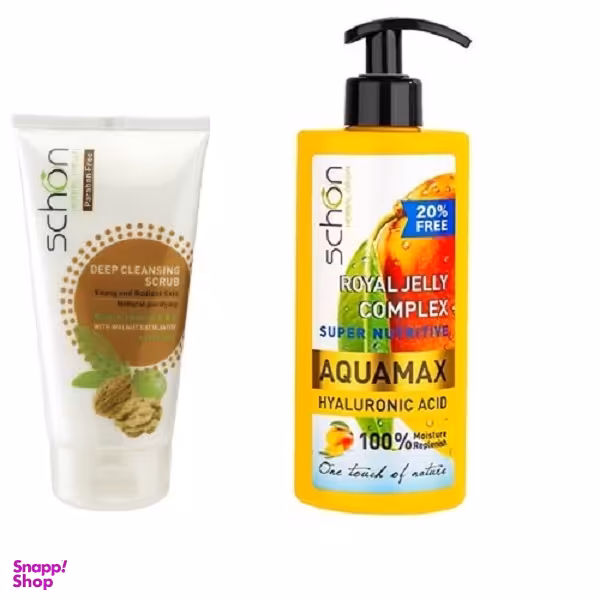 آبرسان پمپی شون (Schon) مدل Aqua max رایحه انبه حجم 500 میلی لیتر + کرم اسکراب شون (Schon) مدل گردو حجم 150 میلی لیتر