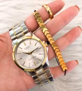 ست ساعت مردانه مارک کاسیو بنداستیل دو رنگ صفحه نقره ای