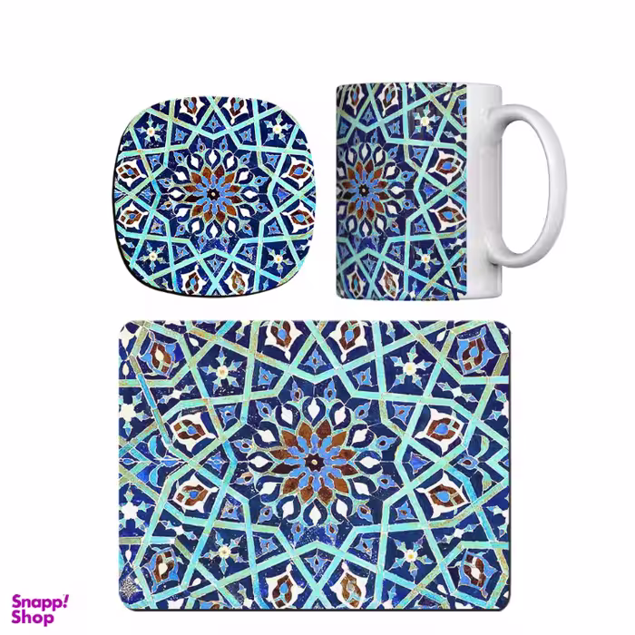 ماگ طرح کاشی فیروزه کد trm527 به همراه ماوس پد و زیر لیوانی