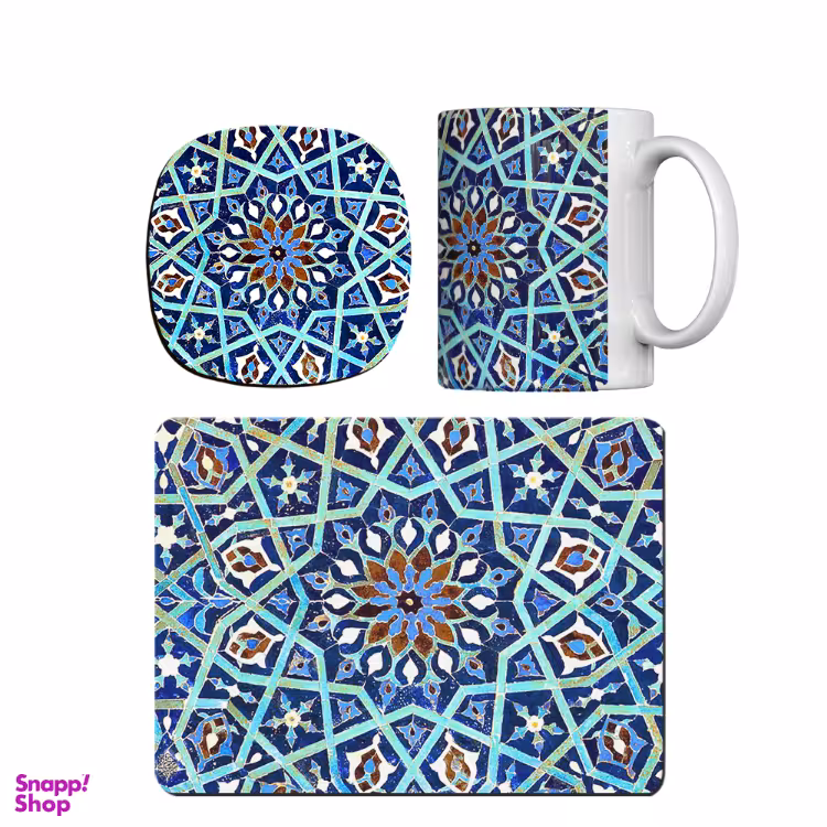 ماگ طرح کاشی فیروزه کد trm527 به همراه ماوس پد و زیر لیوانی