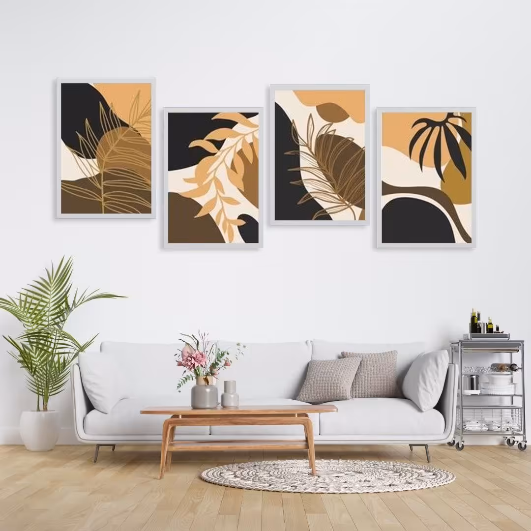 تابلو دکوراتیو مینیمال برگ زرد ومشکی چهار تکه هر تکه40در30