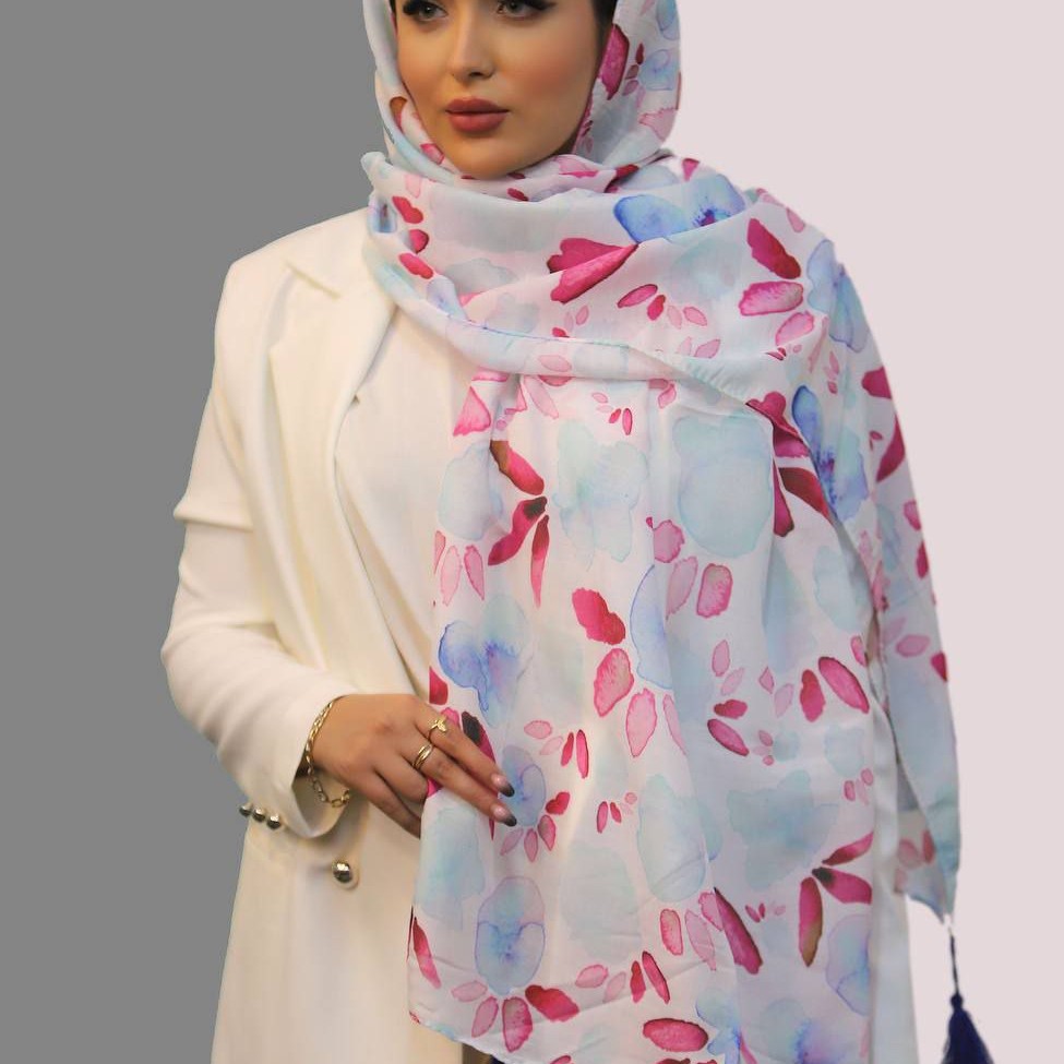 شال زنانه آبی صورتی طرحدار نخ اسلپ چهارفصل ارسال رایگان