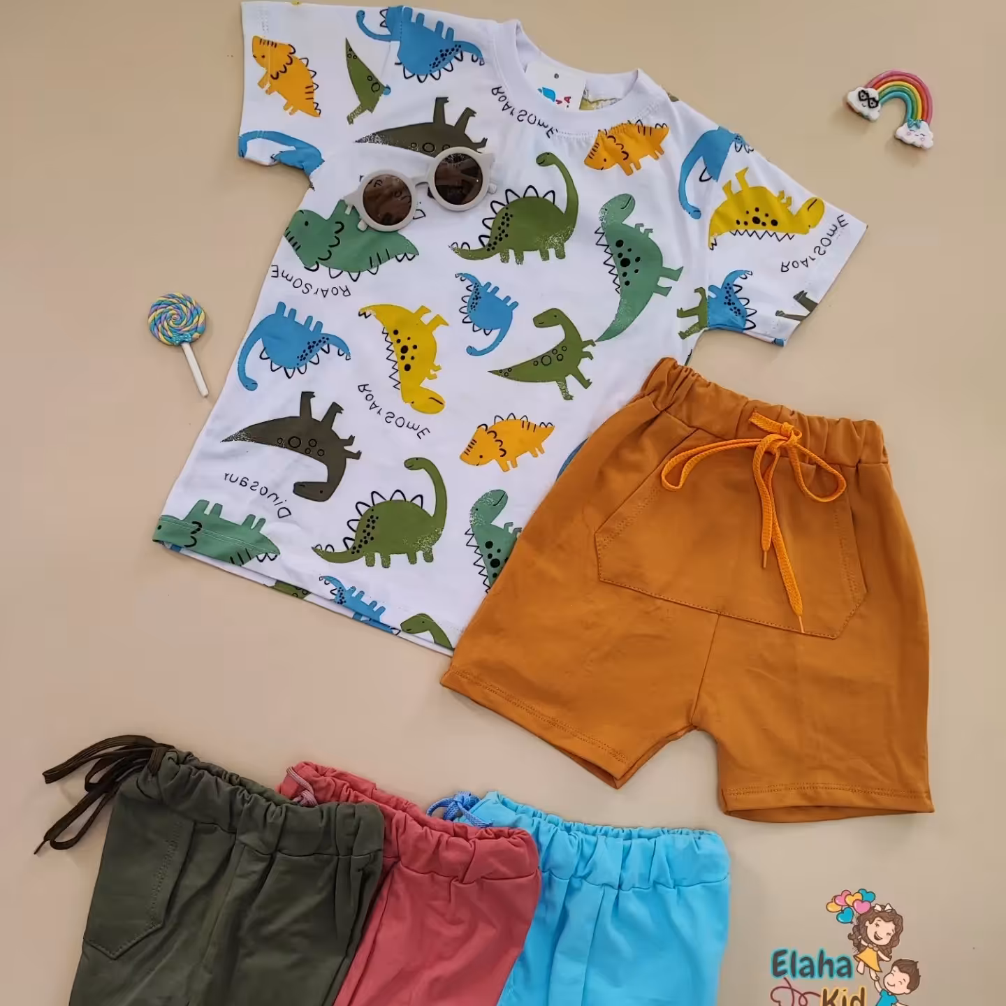 تیشرت شلوارک پسرانه طرح دایناسور کیفیت عالی  جنس تیشرت نخ پنبه سوپر شلوارک دورس مناسب 2تا7سال