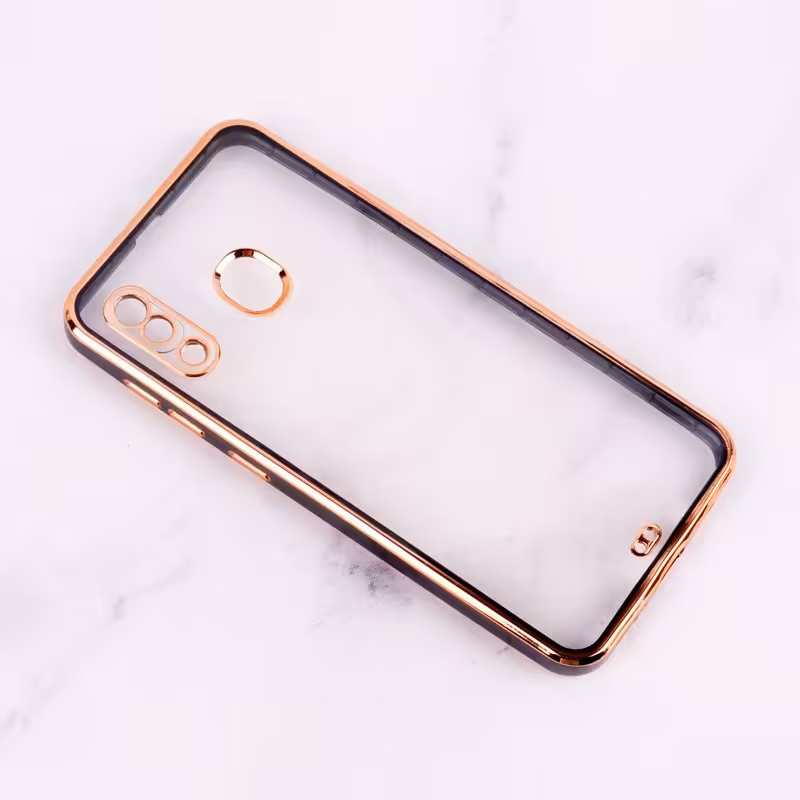 قاب سامسونگ A20 و A30  مدل کروم دور طلایی شفاف دارای محافظ لنز  دوربین رنگ مشکی