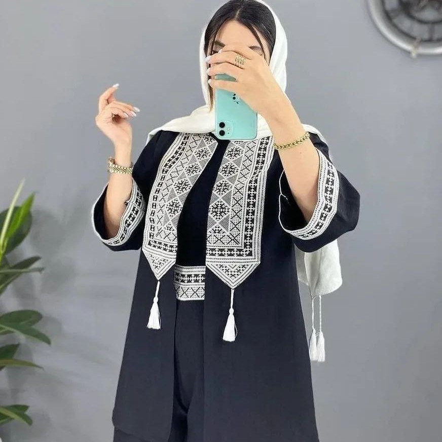 ست مانتو وشلوار زنانه کتیبه دوزی خرجکارهندی مدل پانیذ ارسال رایگان