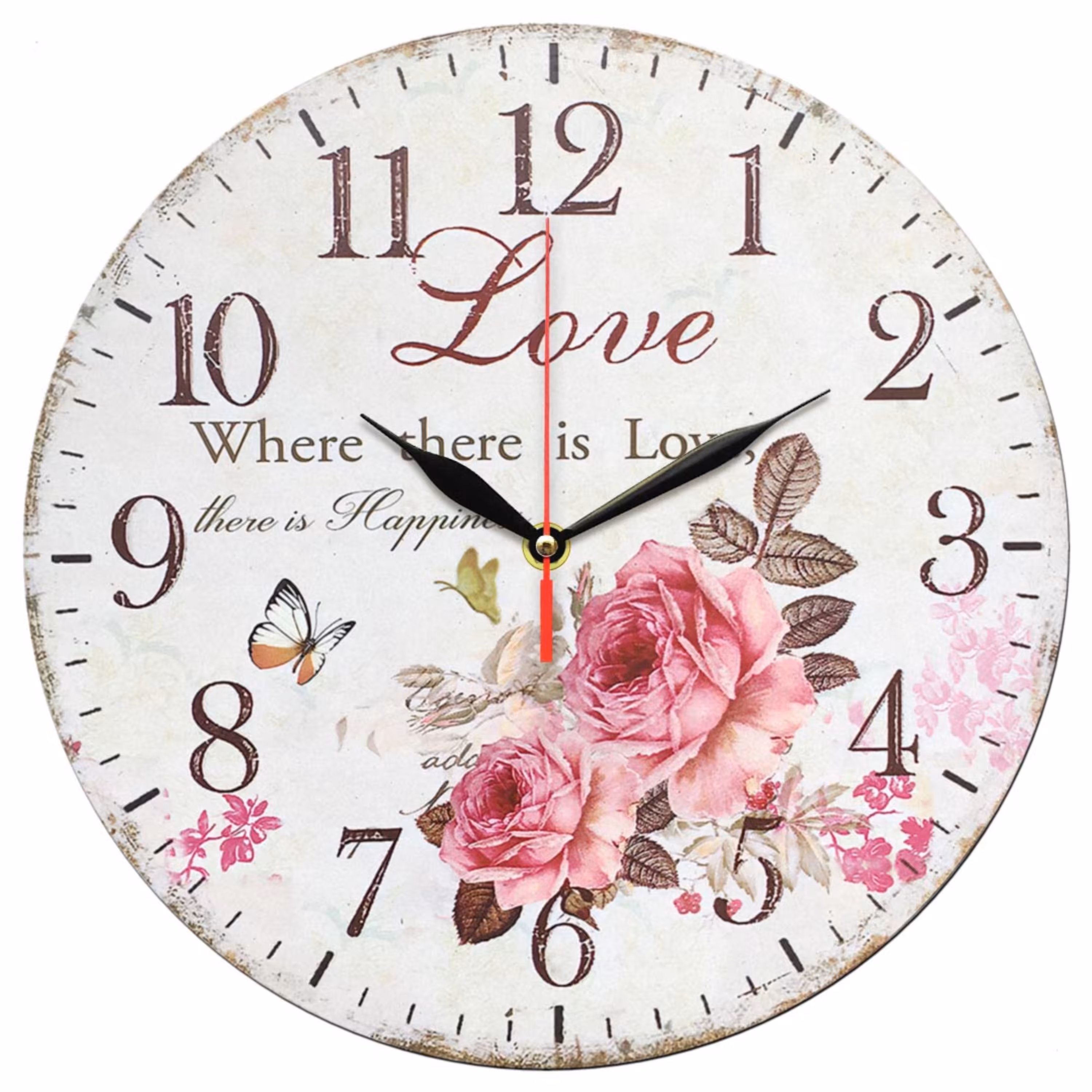 ساعت دیواری گرد مدل 1299 طرح پروانه و گل رز قطر 30 سانتیمتر