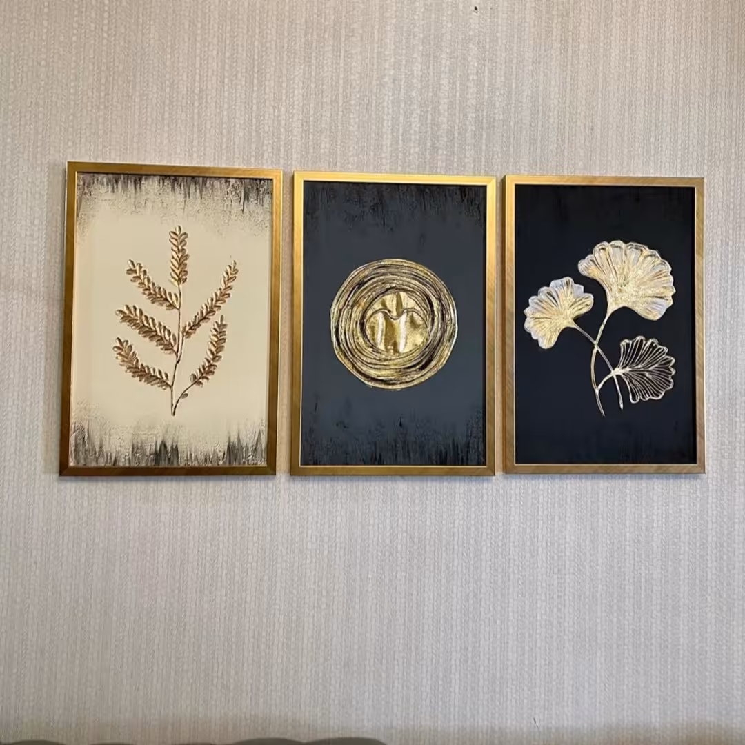 تابلو نقاشی برجسته مدرن و دکوراتیو  سه تکه ورق طلا