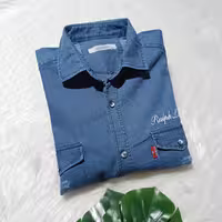 پیراهن جین مردانه آستین بلند دوجیب RALPH گلدوزی آبی