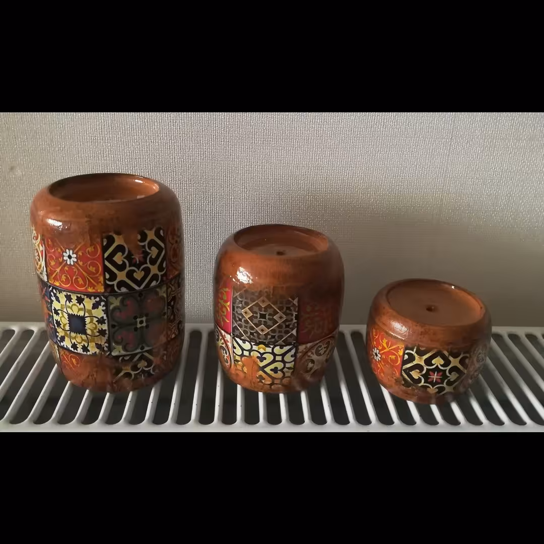 جاشمعی سفالی سه تایی دکوپاژ و پتینه شده