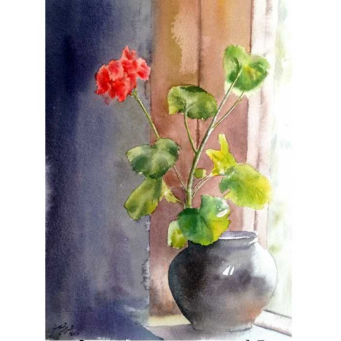 نقاشی آبرنگ شمعدانی