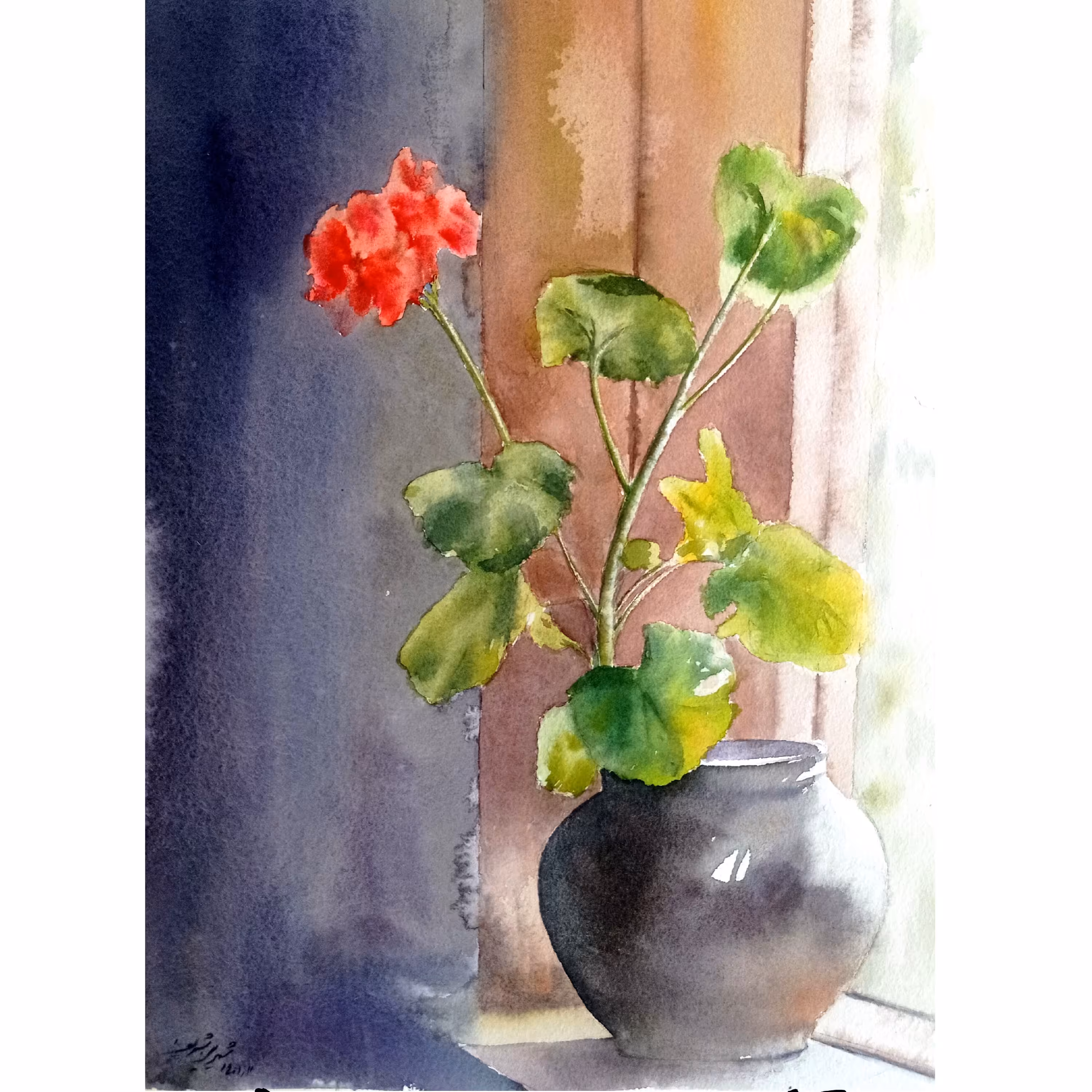 نقاشی آبرنگ شمعدانی