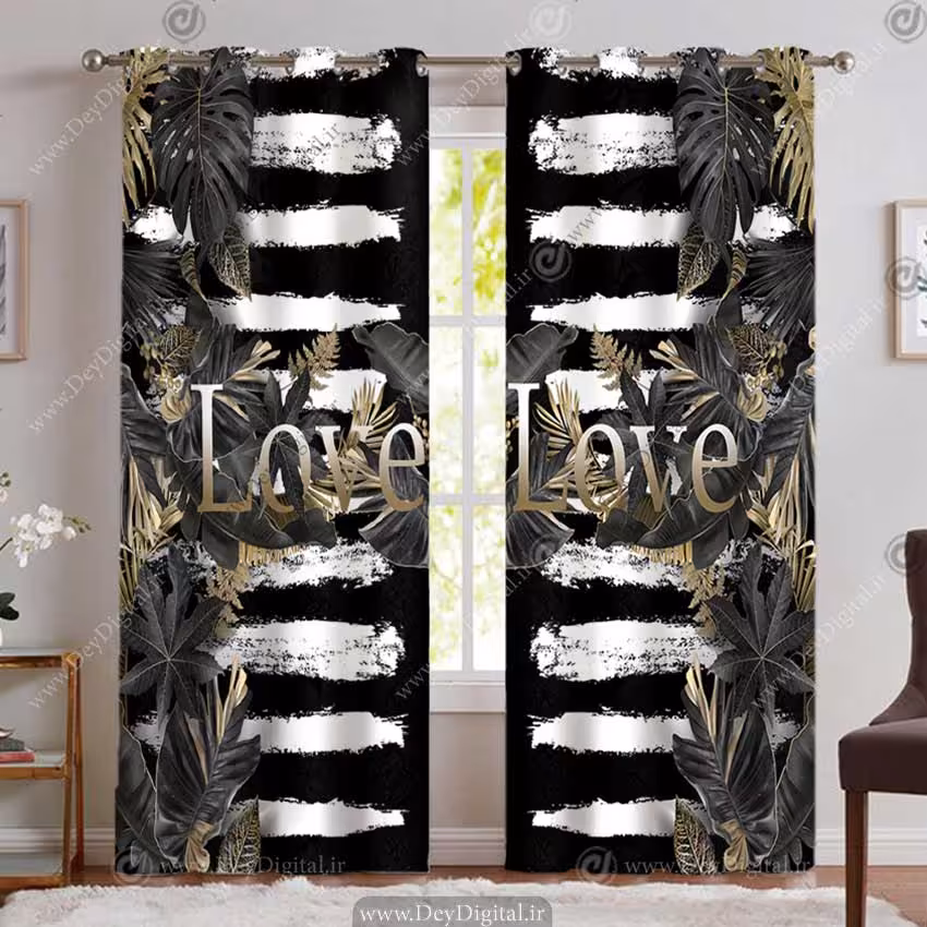 پرده تصویری فانتزی طرح برگ های مشکی طلایی با زمینه راه راه مشکی سفید PK-5308