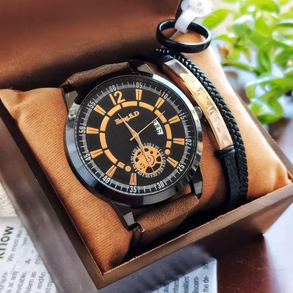 ست مردانه ساعت مچی و دستبند چرم کد 345