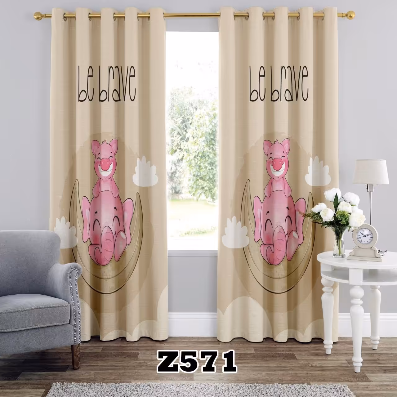 پرده اتاق خواب کودک طرح فیل صورتی بروا گالری با کیفیت و دوخت بسیار عالی