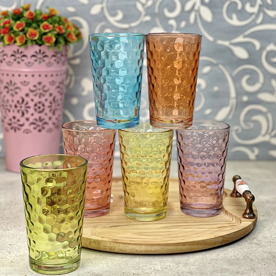 لیوان شیشه ای کندو رنگی کلاسیک 6عددی