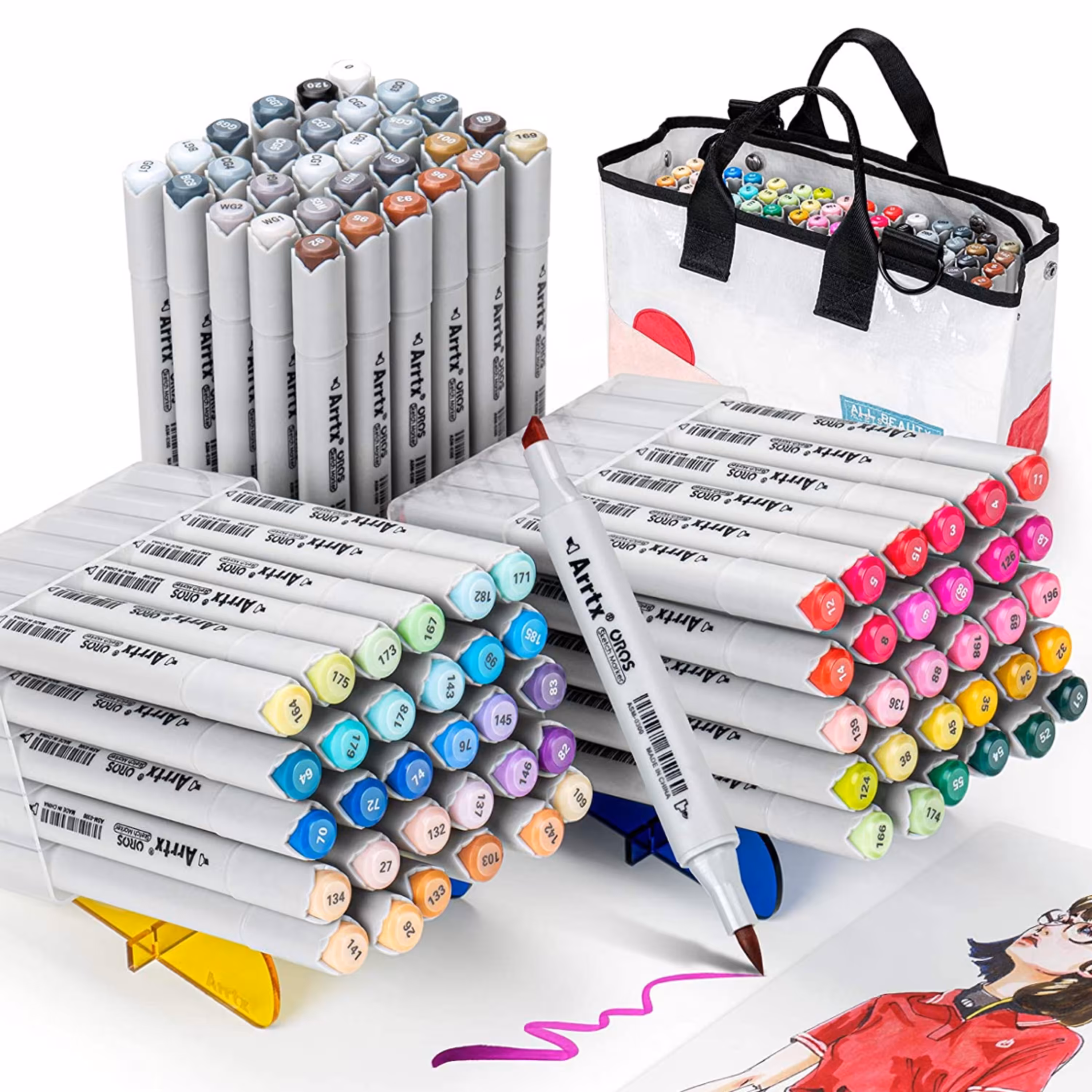 پک 90 تایی ماژیک اورجینال برندArrtx طراحی و راندو به همراه پایه و کیف