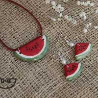 نیم ست گردنبند و گوشواره هندوانه سرامیکی دستساز (ویژه شب یلدا)