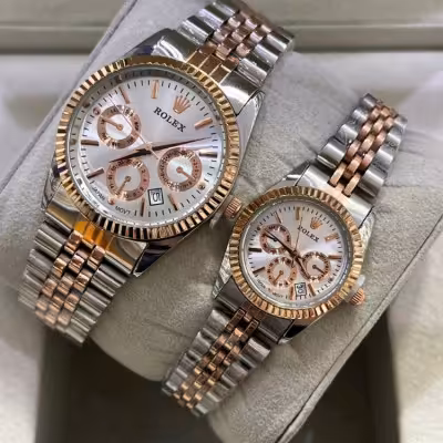 ست ساعت رولکس بنداستیل دورنگ رزگلد طرح سه موتوره