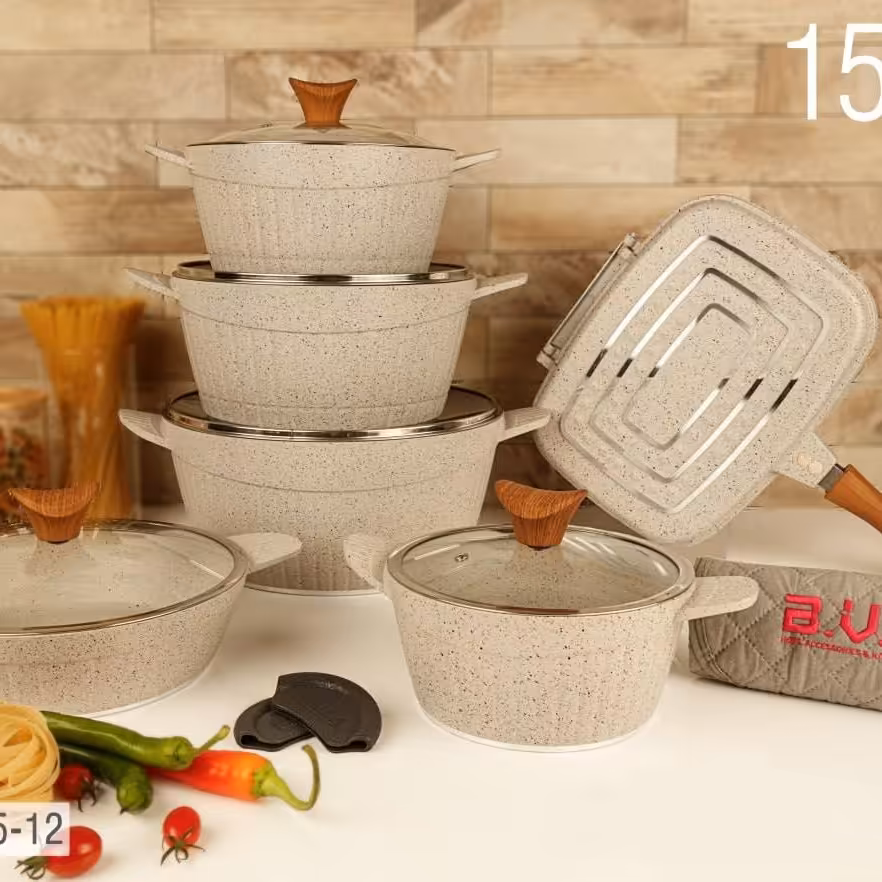 سرویس قابلمه چدن گرانیتی 15 پارچه رنگ شیری (سفید)برند بی وی کی.BVK