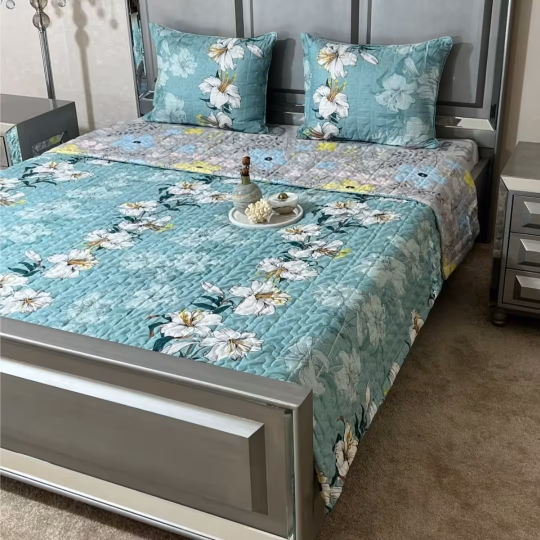 روتختی دونفره طرحدار گلدوزی دو رو سه تکه flower stem( ضمانت پرز و رنگ )