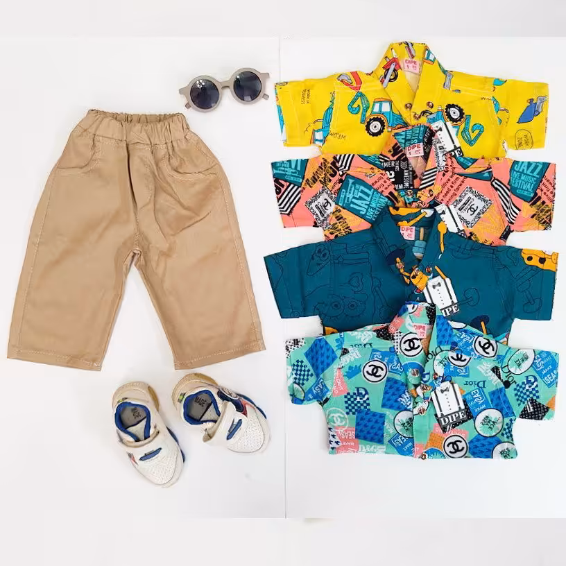 ست بلوز و شلوارک تابستانه پیراهن نخی و شلوارک کتان پارچه ی کار وارداتی و دوخت داخلی پسرانه یک تا سه سال لطیف خنک هاوایی 