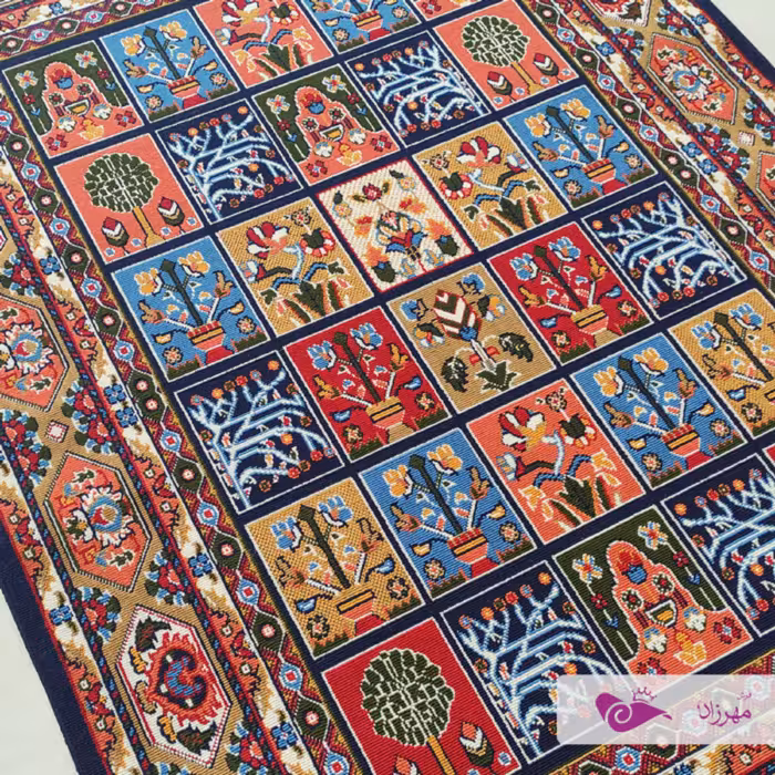 گلیم ماشینی یک در یک و نیم نقشه خشتی سرمه ای